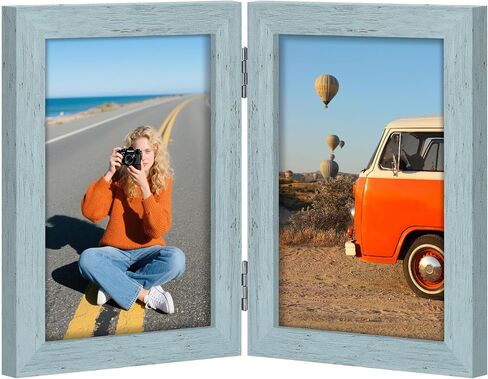 Vittanly 5x7 Double Picture Frame, Hinged 2 Opening MDF Photo Frames with Plexiglass, Vertical Tabletop Stand, Black in Saudi Arabia