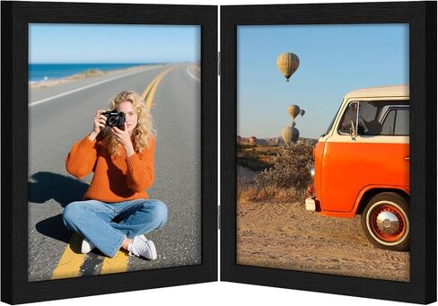 Vittanly 5x7 Double Picture Frame, Hinged 2 Opening MDF Photo Frames with Plexiglass, Vertical Tabletop Stand, Black in Saudi Arabia