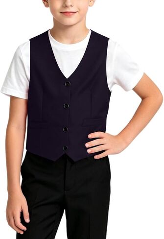 Boy's 4 Button Formal Suit Vest Solid Color V Neck Dress Waistcoat for Kids Stylish Sleeveless Shirts with Pockets in Kuwait
