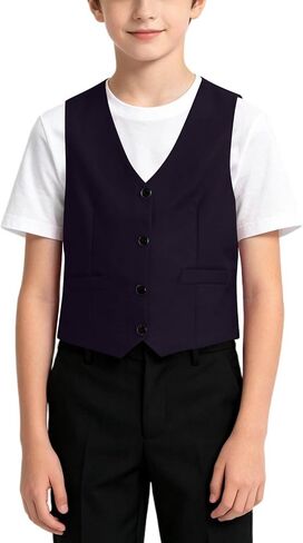 Boy's 4 Button Formal Suit Vest Solid Color V Neck Dress Waistcoat for Kids Stylish Sleeveless Shirts with Pockets in Kuwait