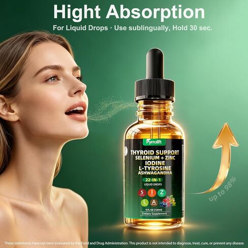 Thyroid Support for Women & Men, 22 in 1 Natural Herbal Formula Support Body Immune & Balance | Kelp Ashwagandha Turmeric Selenium Zinc L-Tyrosine Vitamin B12 | Thyroid Supplement Liquid Drops, 120 ML in Kuwait
