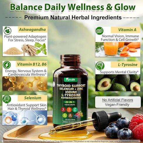 Thyroid Support for Women & Men, 22 in 1 Natural Herbal Formula Support Body Immune & Balance | Kelp Ashwagandha Turmeric Selenium Zinc L-Tyrosine Vitamin B12 | Thyroid Supplement Liquid Drops, 120 ML in Kuwait