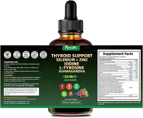 Thyroid Support for Women & Men, 22 in 1 Natural Herbal Formula Support Body Immune & Balance | Kelp Ashwagandha Turmeric Selenium Zinc L-Tyrosine Vitamin B12 | Thyroid Supplement Liquid Drops, 120 ML in Kuwait