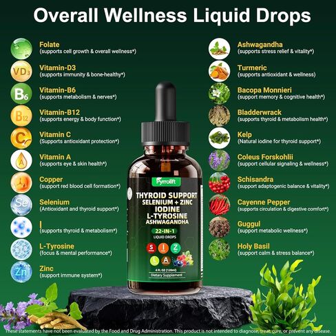 Thyroid Support for Women & Men, 22 in 1 Natural Herbal Formula Support Body Immune & Balance | Kelp Ashwagandha Turmeric Selenium Zinc L-Tyrosine Vitamin B12 | Thyroid Supplement Liquid Drops, 120 ML in Kuwait
