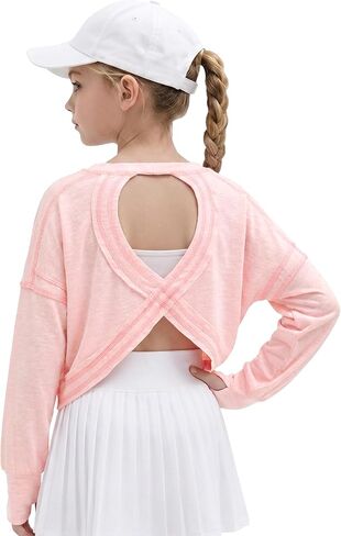 Wenlia Girls Athletic Shirts Long Sleeve Open Back Tops Active Sports Tshirts Yoga Workout Crop Tees Activewear 5-14Y in Saudi Arabia