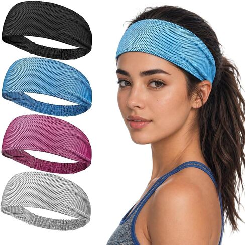 Cooling Sports Headbands for Women, Non Slip Wicking Sweat Bands 4 Pack, Elastic Lightweight Running Headband for Workout, Yoga, Tennis in Saudi Arabia