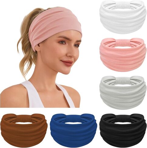 6 Pack Wide Headbands for Women, Non Slip Elastic Boho Turban Hair Bands, Stretchy Sweat Headbands for Workout, Running & Daily in Kuwait