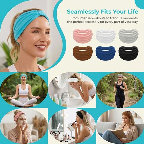 6 Pack Wide Headbands for Women, Non Slip Elastic Boho Turban Hair Bands, Stretchy Sweat Headbands for Workout, Running & Daily in Kuwait