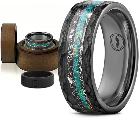 Gentlemen's Bands Premium Hammered Black Tungsten Wedding Band With Meteorite & Blue Opal Inlay | Wedding Ring Is Ideal Gift | Package Includes Silicon Band, Walnut Ring Box, Leather Pouch in Kuwait