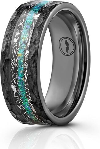 Gentlemen's Bands Premium Hammered Black Tungsten Wedding Band With Meteorite & Blue Opal Inlay | Wedding Ring Is Ideal Gift | Package Includes Silicon Band, Walnut Ring Box, Leather Pouch in Kuwait