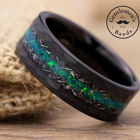 Gentlemen's Bands Premium Hammered Black Tungsten Wedding Band With Meteorite & Blue Opal Inlay | Wedding Ring Is Ideal Gift | Package Includes Silicon Band, Walnut Ring Box, Leather Pouch in Kuwait