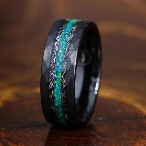 Gentlemen's Bands Premium Hammered Black Tungsten Wedding Band With Meteorite & Blue Opal Inlay | Wedding Ring Is Ideal Gift | Package Includes Silicon Band, Walnut Ring Box, Leather Pouch in Kuwait