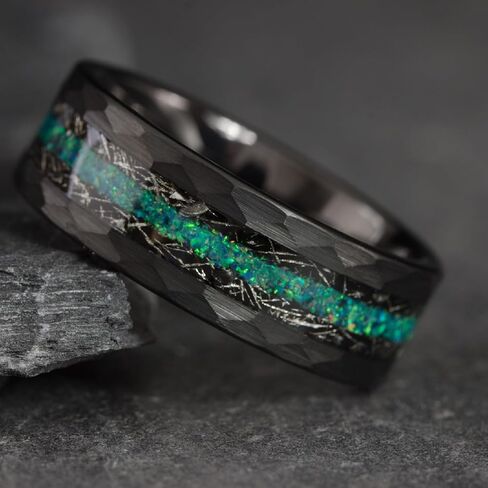 Gentlemen's Bands Premium Hammered Black Tungsten Wedding Band With Meteorite & Blue Opal Inlay | Wedding Ring Is Ideal Gift | Package Includes Silicon Band, Walnut Ring Box, Leather Pouch in Kuwait