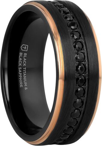 Thorsten Astro | Titanium Rings for Men | Lightweight Titanium | Comfort Fit | Flat Brushed Black Titanium Ring with Rose Gold Plated Inside and Black Sapphire Settings all around - 8 mm in Kuwait