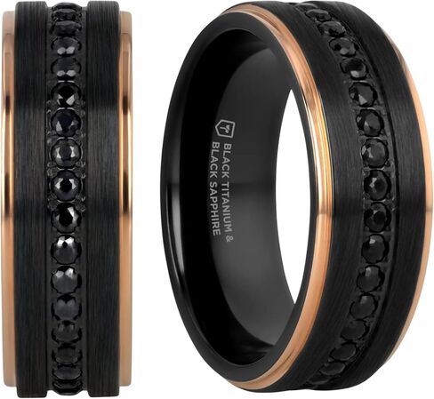 Thorsten Astro | Titanium Rings for Men | Lightweight Titanium | Comfort Fit | Flat Brushed Black Titanium Ring with Rose Gold Plated Inside and Black Sapphire Settings all around - 8 mm in Kuwait