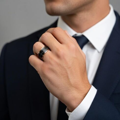 Thorsten Astro | Titanium Rings for Men | Lightweight Titanium | Comfort Fit | Flat Brushed Black Titanium Ring with Rose Gold Plated Inside and Black Sapphire Settings all around - 8 mm in Kuwait