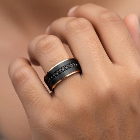 Thorsten Astro | Titanium Rings for Men | Lightweight Titanium | Comfort Fit | Flat Brushed Black Titanium Ring with Rose Gold Plated Inside and Black Sapphire Settings all around - 8 mm in Kuwait