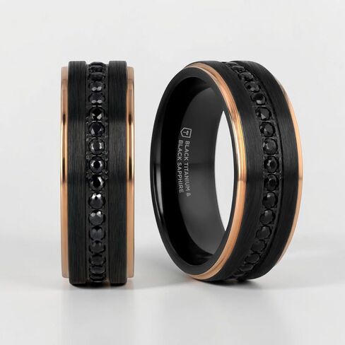 Thorsten Astro | Titanium Rings for Men | Lightweight Titanium | Comfort Fit | Flat Brushed Black Titanium Ring with Rose Gold Plated Inside and Black Sapphire Settings all around - 8 mm in Kuwait