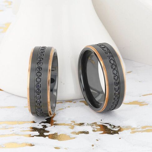 Thorsten Astro | Titanium Rings for Men | Lightweight Titanium | Comfort Fit | Flat Brushed Black Titanium Ring with Rose Gold Plated Inside and Black Sapphire Settings all around - 8 mm in Kuwait