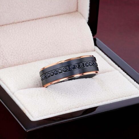 Thorsten Astro | Titanium Rings for Men | Lightweight Titanium | Comfort Fit | Flat Brushed Black Titanium Ring with Rose Gold Plated Inside and Black Sapphire Settings all around - 8 mm in Kuwait