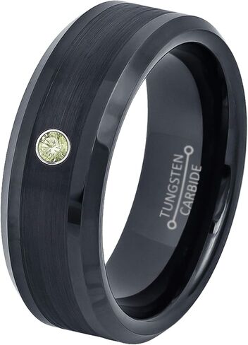 0.07ct Peridot Tungsten Ring - August Birthstone - 8MM Black Ion-Plated Brushed Finish Stripe Beveled Edge Comfort Fit Unisex Wedding Anniversary Band in Kuwait