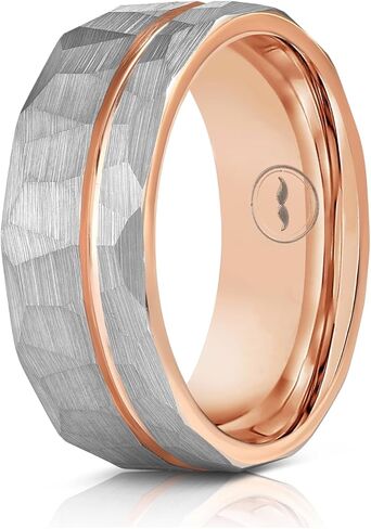 Gentlemen's Bands Premium Hammered SilverTungsten Wedding Band With Thin Rose Gold Strip | Wedding band is ideal Gift | Package Includes Silicon Band, Walnut Ring Box, Leather pouch in Kuwait