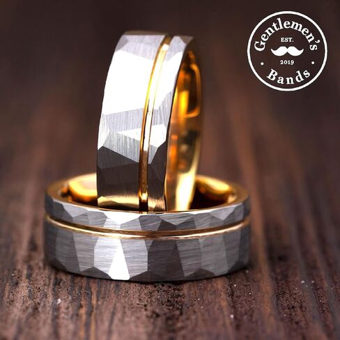 Gentlemen's Bands Premium Hammered SilverTungsten Wedding Band With Thin Rose Gold Strip | Wedding band is ideal Gift | Package Includes Silicon Band, Walnut Ring Box, Leather pouch in Kuwait