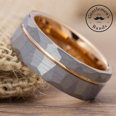 Gentlemen's Bands Premium Hammered SilverTungsten Wedding Band With Thin Rose Gold Strip | Wedding band is ideal Gift | Package Includes Silicon Band, Walnut Ring Box, Leather pouch in Kuwait
