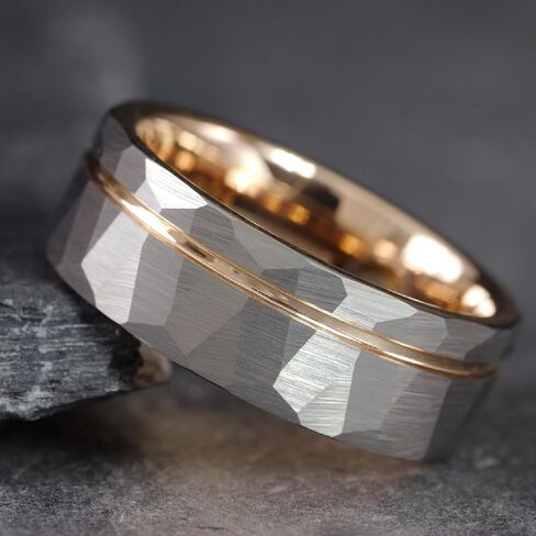 Gentlemen's Bands Premium Hammered SilverTungsten Wedding Band With Thin Rose Gold Strip | Wedding band is ideal Gift | Package Includes Silicon Band, Walnut Ring Box, Leather pouch in Kuwait
