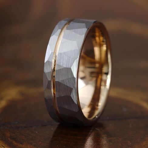 Gentlemen's Bands Premium Hammered SilverTungsten Wedding Band With Thin Rose Gold Strip | Wedding band is ideal Gift | Package Includes Silicon Band, Walnut Ring Box, Leather pouch in Kuwait