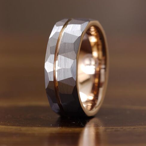 Gentlemen's Bands Premium Hammered SilverTungsten Wedding Band With Thin Rose Gold Strip | Wedding band is ideal Gift | Package Includes Silicon Band, Walnut Ring Box, Leather pouch in Kuwait