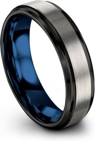 P. Manoukian Tungsten Carbide Wedding Band Ring 10mm for Men Women Blue Black Interior with Step Bevel Edge Brushed Polished Personalized Custom Engraving Anniversary Engagement in Kuwait