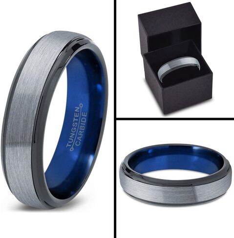 P. Manoukian Tungsten Carbide Wedding Band Ring 10mm for Men Women Blue Black Interior with Step Bevel Edge Brushed Polished Personalized Custom Engraving Anniversary Engagement in Kuwait