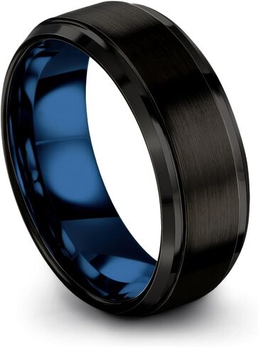 P. Manoukian Tungsten Carbide Wedding Band Ring 10mm for Men Women Blue Black Interior with Step Bevel Edge Brushed Polished Personalized Custom Engraving Anniversary Engagement in Saudi Arabia