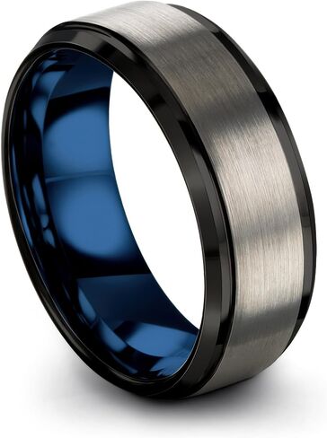 P. Manoukian Tungsten Carbide Wedding Band Ring 10mm for Men Women Blue Black Interior with Step Bevel Edge Brushed Polished Personalized Custom Engraving Anniversary Engagement in Kuwait