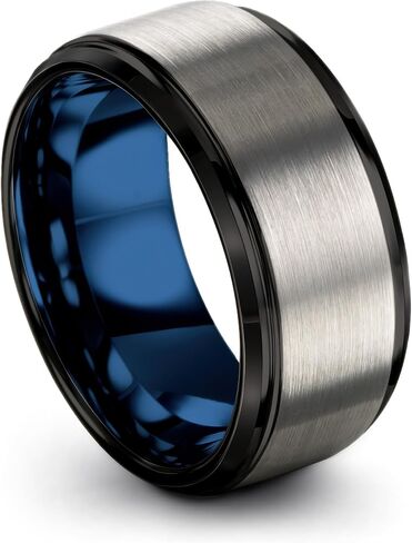 P. Manoukian Tungsten Carbide Wedding Band Ring 10mm for Men Women Blue Black Interior with Step Bevel Edge Brushed Polished Personalized Custom Engraving Anniversary Engagement in Kuwait