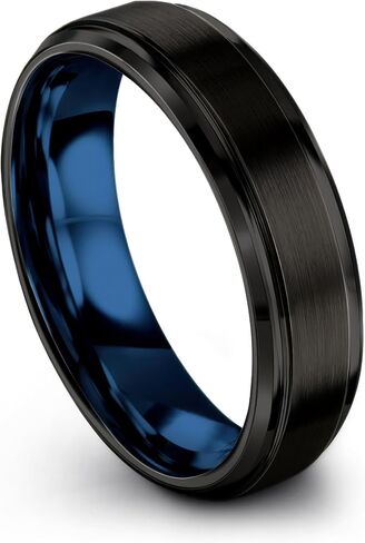 P. Manoukian Tungsten Carbide Wedding Band Ring 10mm for Men Women Blue Black Interior with Step Bevel Edge Brushed Polished Personalized Custom Engraving Anniversary Engagement in Kuwait