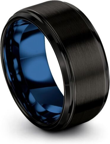 P. Manoukian Tungsten Carbide Wedding Band Ring 10mm for Men Women Blue Black Interior with Step Bevel Edge Brushed Polished Personalized Custom Engraving Anniversary Engagement in Kuwait