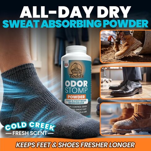 Uncle Todd's 3-in-1 Foot Powder - Controls Sweat, Removes Odor & Keeps Feet Cool - Talc-Free Shoe Deodorizer (7oz) - Fast Acting Foot Powder for Smelly feet for Men, Women, Athletes - Made in USA in Saudi Arabia
