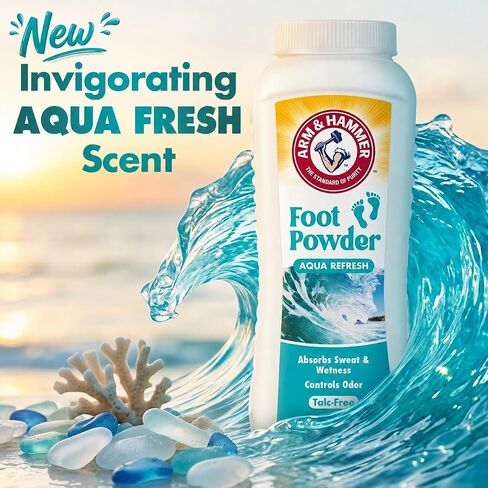Arm and Hammer 4.5oz Foot Powder for Shoe Odor Elimination and Moisture Control with Corn Starch and Baking Soda Talc Free for Cool, Dry, and Fresh Feet, Aqua Refresh Scent in Kuwait