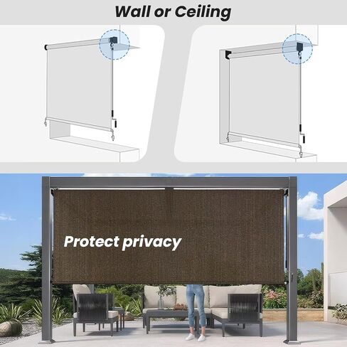 8'W x 8'H Gray Patio Shades Roll up Outdoor Roller Shade Crank Wand Blind Cordless, 90% UV Blocking & Privacy Protection for Porch|Gazebo|Pergola|Backyard (2 Splicing Tube, 1 Fabric) in Saudi Arabia