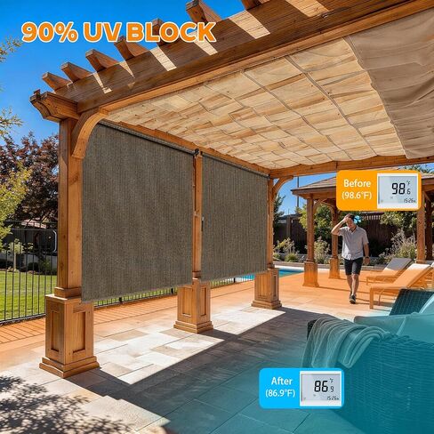 Outdoor Roller Shades for Patio 8'Wx8'H Black, 90% UV Block & Privacy Protection Outdoor Blinds, Cordless Porch Shades Outdoor Roll Up with Splicing Design 15-Min Install in Kuwait