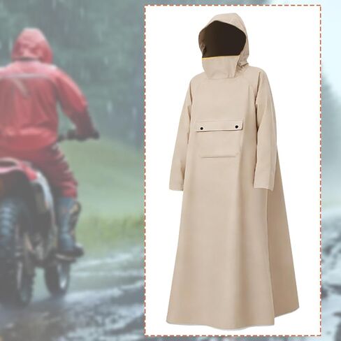 Rain Poncho with Hood and Face Shield Oxford Cloth Waterproof Long Raincoat Convenient Wear Unisex Rain Jacket Suitable for Adults Women, Khaki L in Saudi Arabia