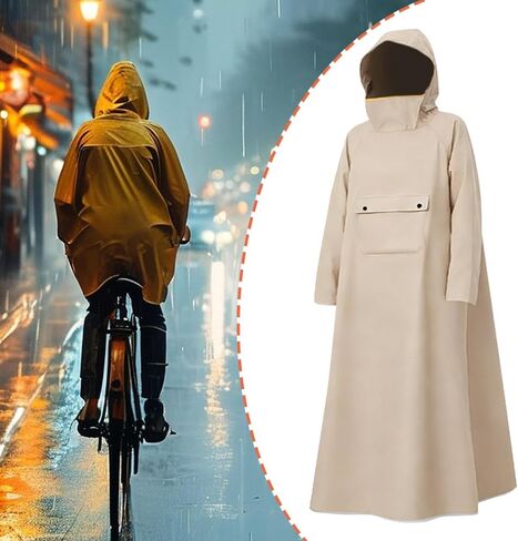 Rain Poncho with Hood and Face Shield Oxford Cloth Waterproof Long Raincoat Convenient Wear Unisex Rain Jacket Suitable for Adults Women, Khaki L in Saudi Arabia