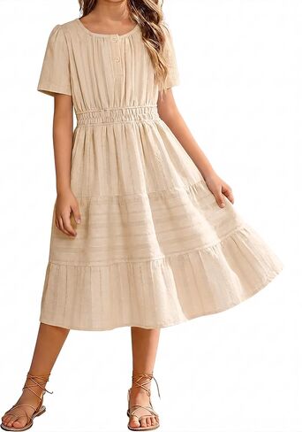Tween Girls Summer Boho Dress Short Sleeve Tiered Smocked Solid Dresses Casual Sundress 6-14 Years in Saudi Arabia