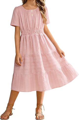 Tween Girls Summer Boho Dress Short Sleeve Tiered Smocked Solid Dresses Casual Sundress 6-14 Years in Saudi Arabia