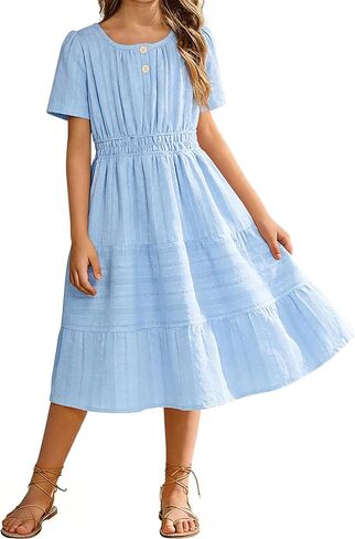 Tween Girls Summer Boho Dress Short Sleeve Tiered Smocked Solid Dresses Casual Sundress 6-14 Years in Saudi Arabia