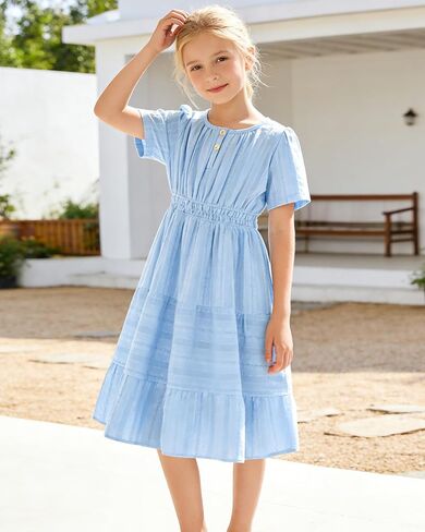 Tween Girls Summer Boho Dress Short Sleeve Tiered Smocked Solid Dresses Casual Sundress 6-14 Years in Saudi Arabia