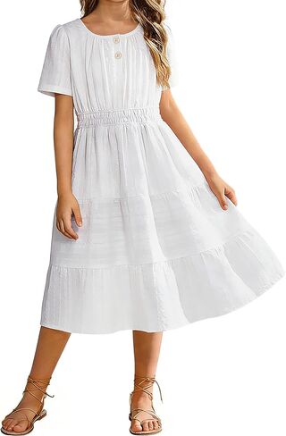 Tween Girls Summer Boho Dress Short Sleeve Tiered Smocked Solid Dresses Casual Sundress 6-14 Years in Saudi Arabia