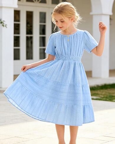 Tween Girls Summer Boho Dress Short Sleeve Tiered Smocked Solid Dresses Casual Sundress 6-14 Years in Saudi Arabia